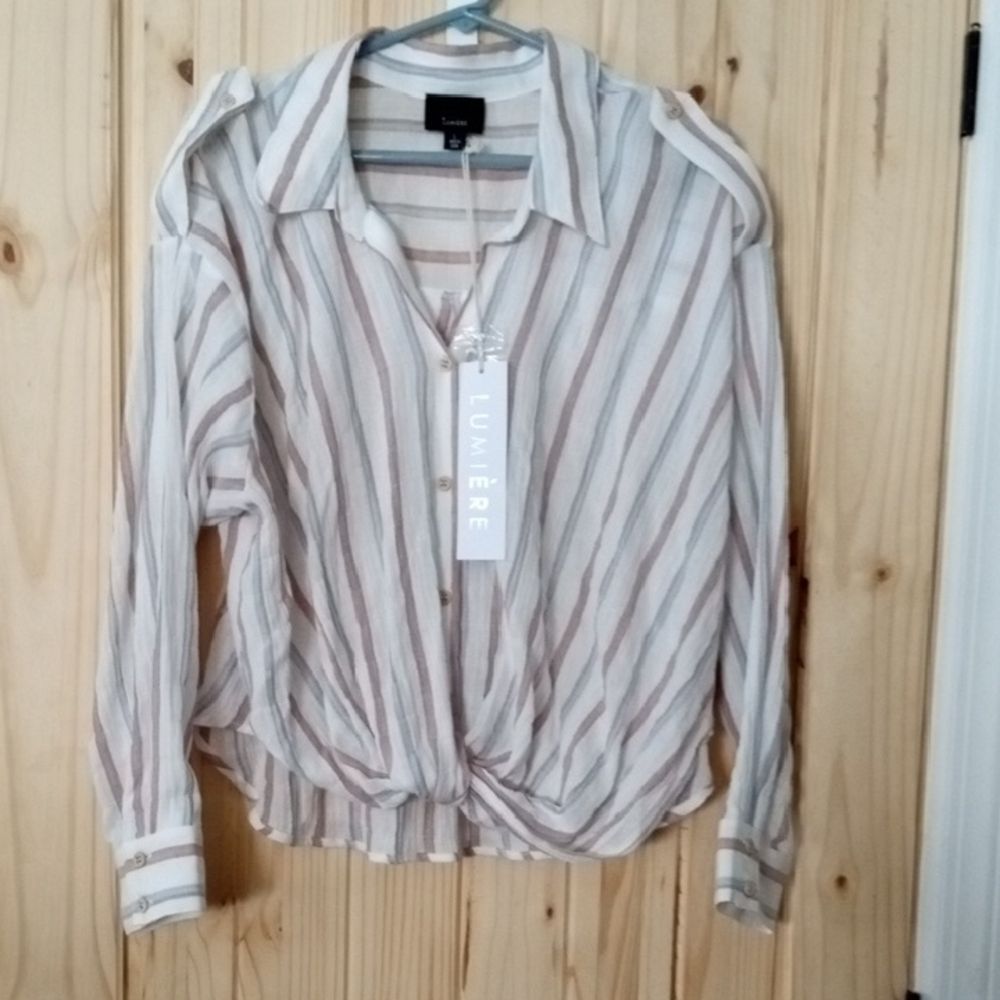 Lumiere Women's Beige Striped Button Down Shirt